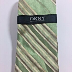 DKNY Mens 100% Silk Tie Green Champagne Striped NW